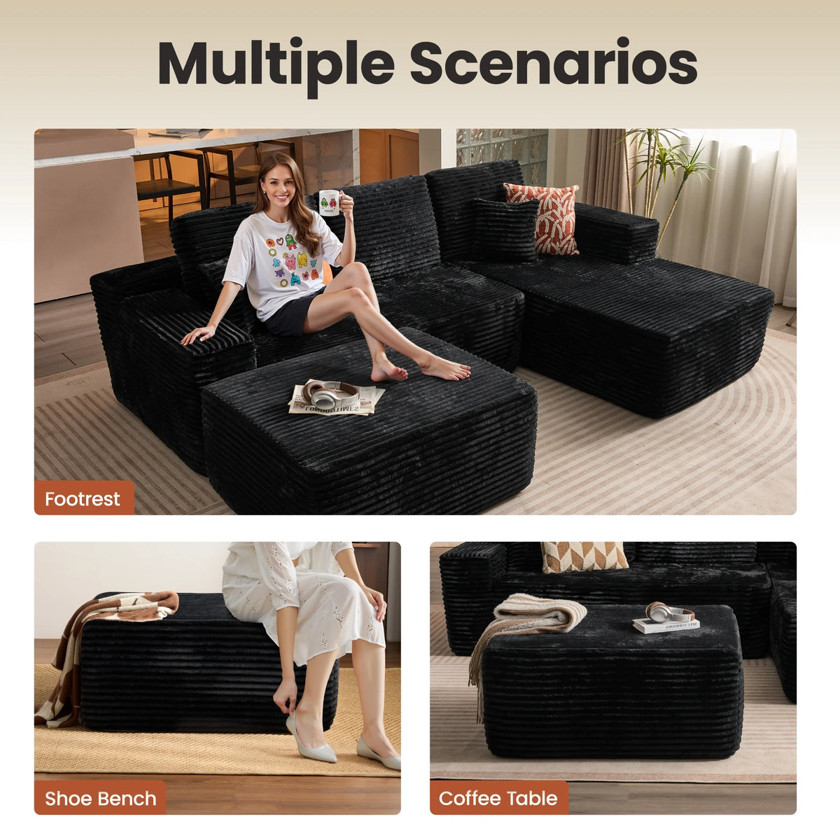 Ovios 106" L-Shaped Sectional Sofa Modern Modular Cloud Couch with Deep Seating Upholstered Sofa for Living Room Bedroom, No Assembly Required, Black(Corduroy)