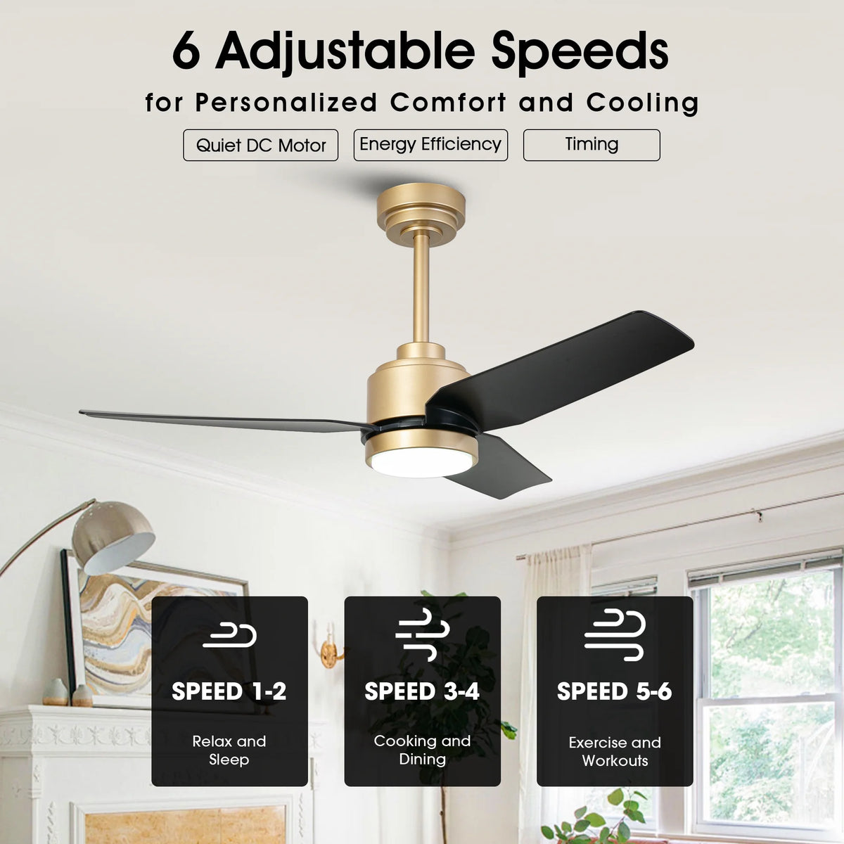 42" Modern Gold Dimmable Ceiling Fan DC Motor Indoor 3-blade LED Ceiling Fan with Remote
