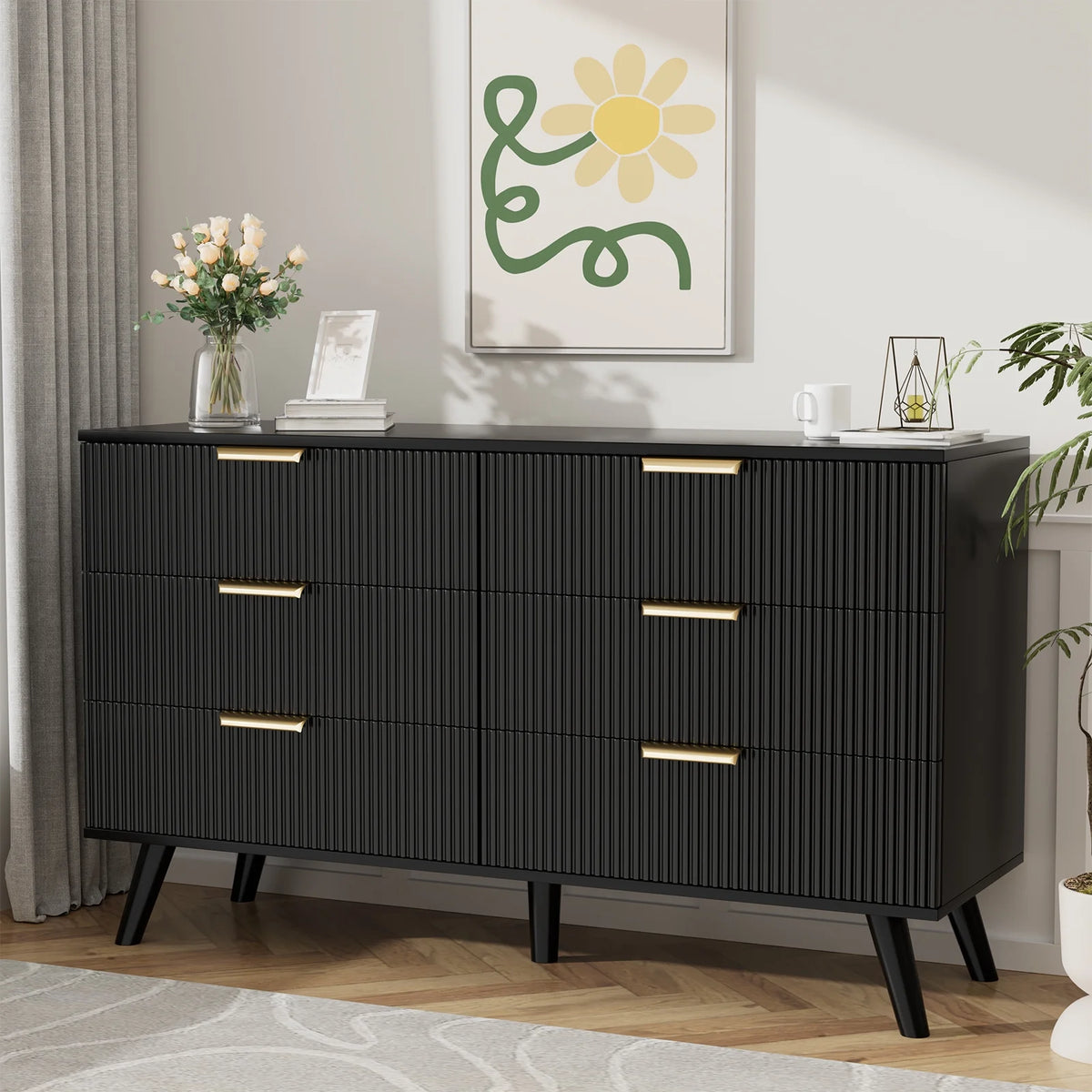 Planntonneo Boho Fluted 6 Drawer Dresser, Wooden Chests for Bedroom