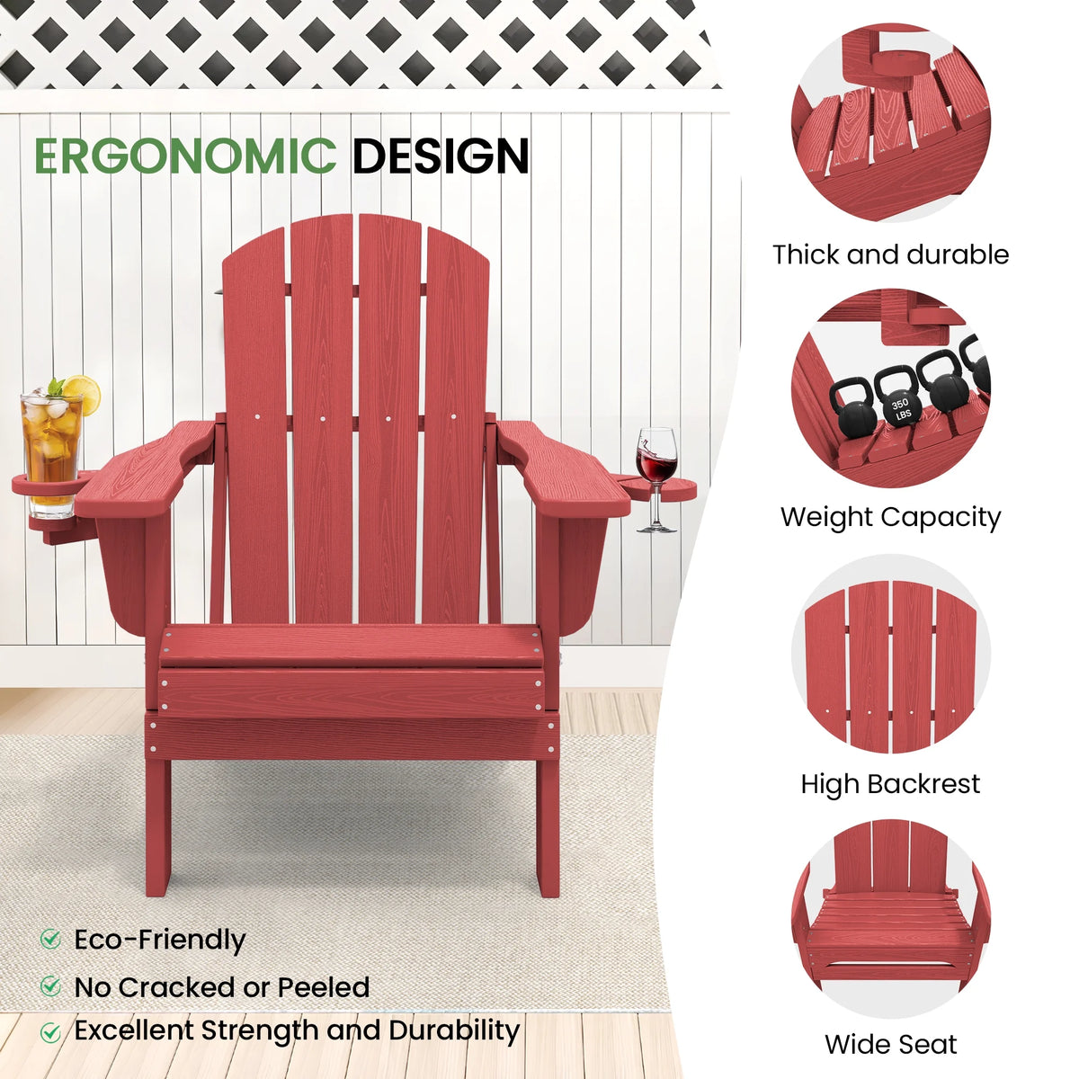 SERWALL Folding Adirondack Chair Set with Dual Cup Holders & Phone Holder, All-Weather HDPE Fire Pit Chairs for Outdoor, Patio, Poolside, Garden - Black