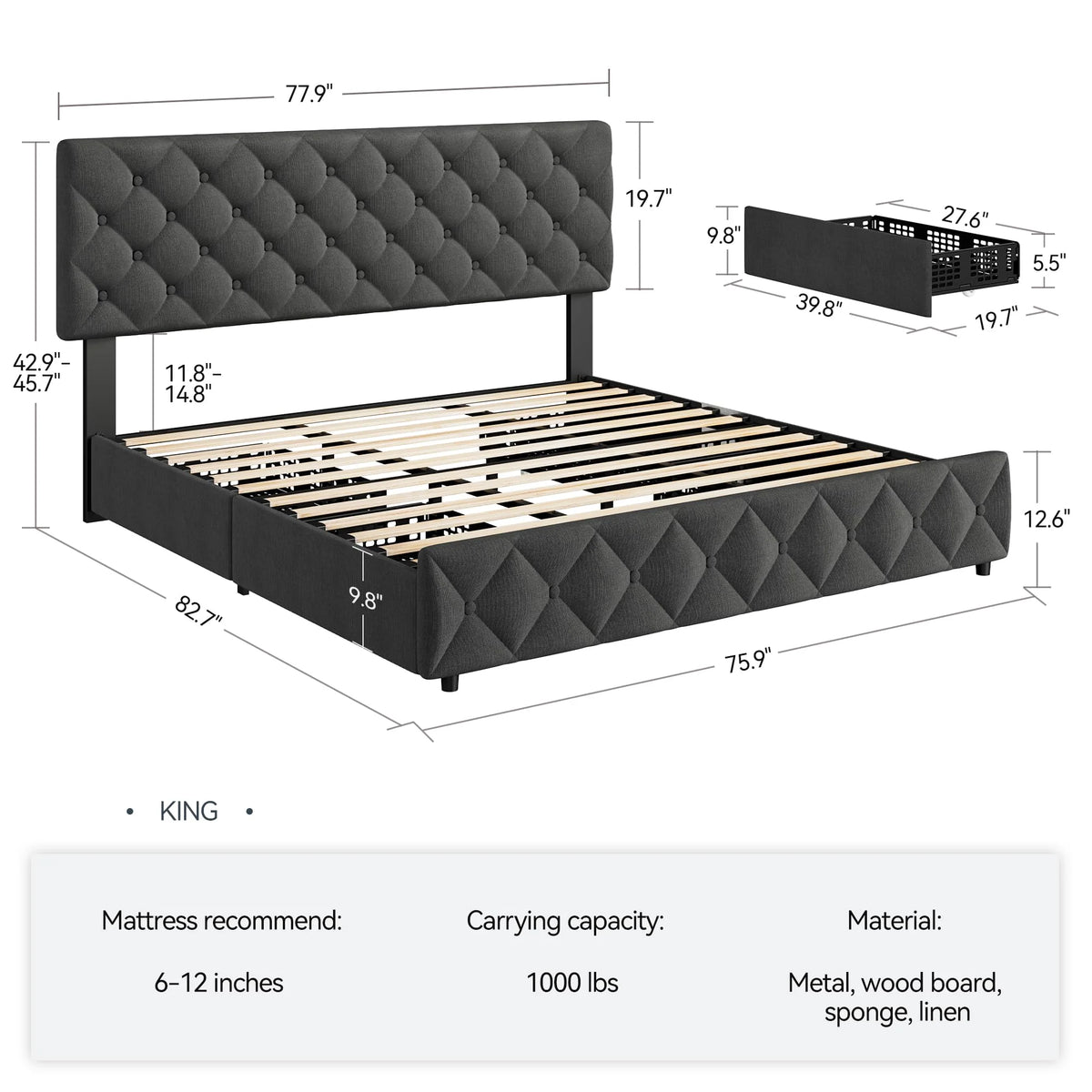 TROPOW Full Size Bed Frame,with 4 Storage Drawers and Adjustable Headboard, Linen Upholstered Platform Bed Frame, Diamond Stitched Button Tufted, No Box Spring Needed,White