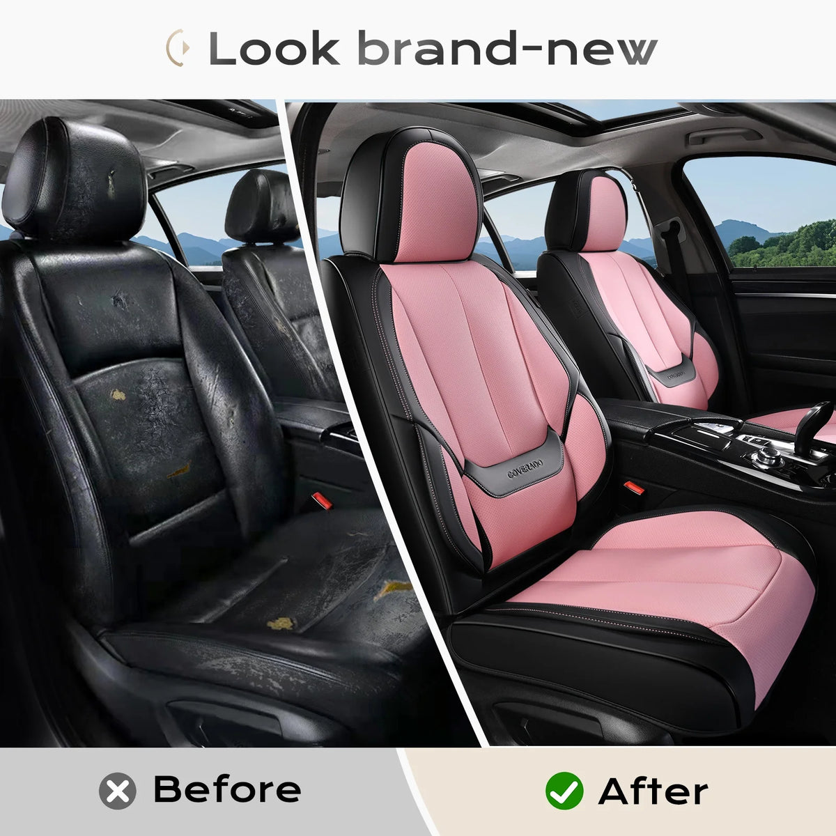 Coverado Black Front Car Seat Covers, Stylish Waterproof Premium Leather Automotive Seat Protectors, Airbag Compatible Auto Interior Accessories Universal Fit for Most Cars SUV Pick-up Trucks
