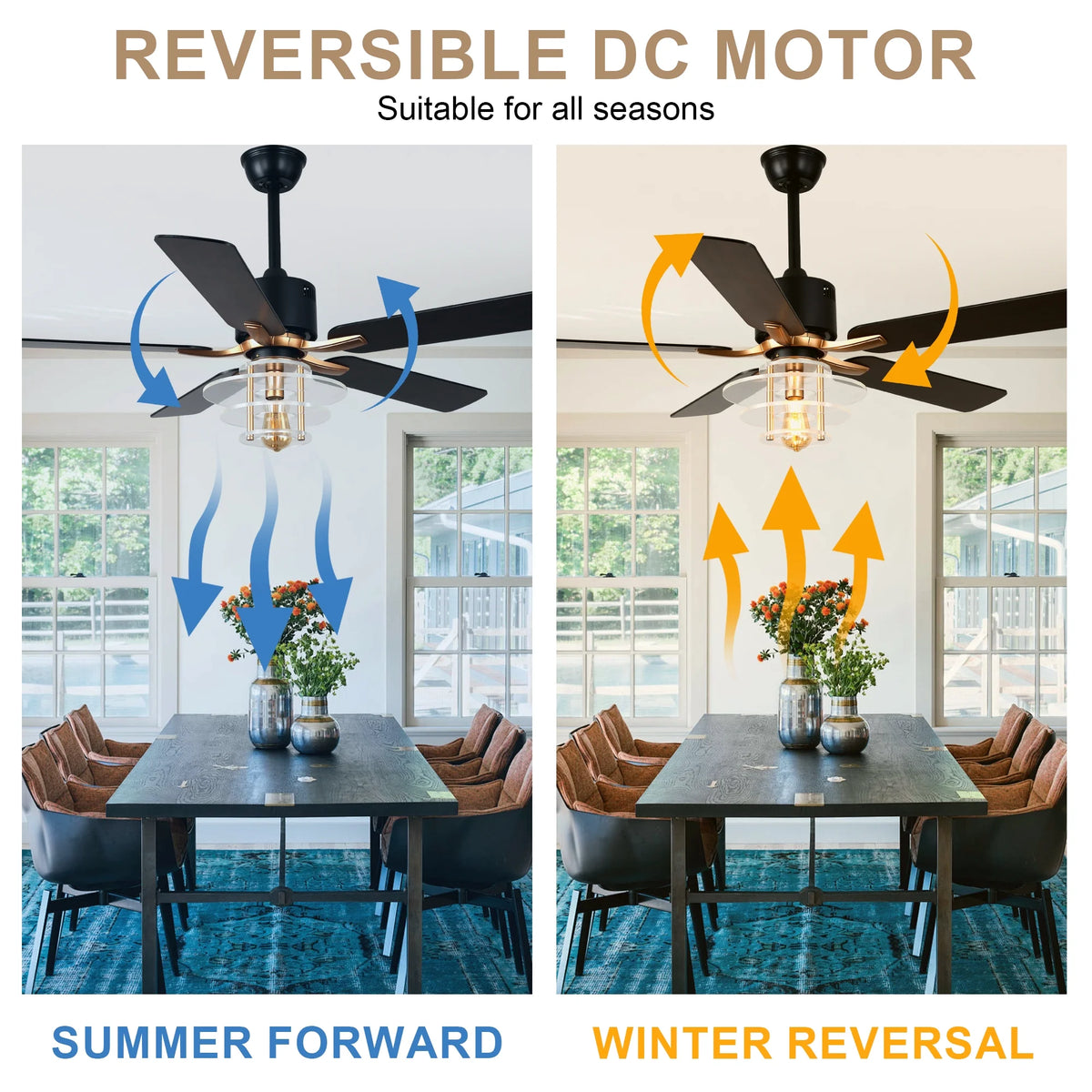 Bella Depot 52" Modern Black Ceiling Fan 6-Speed Reversible with Light and Remote Control