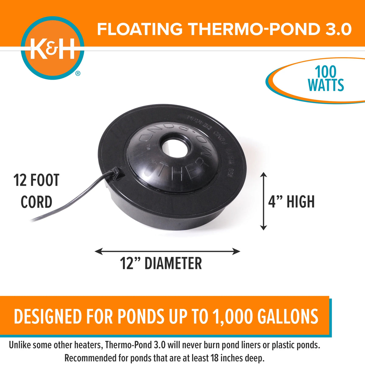 K&H Pet Products Thermo-Pond 3.0 Outdoor Pond Heater Deicer Black 100 Watts