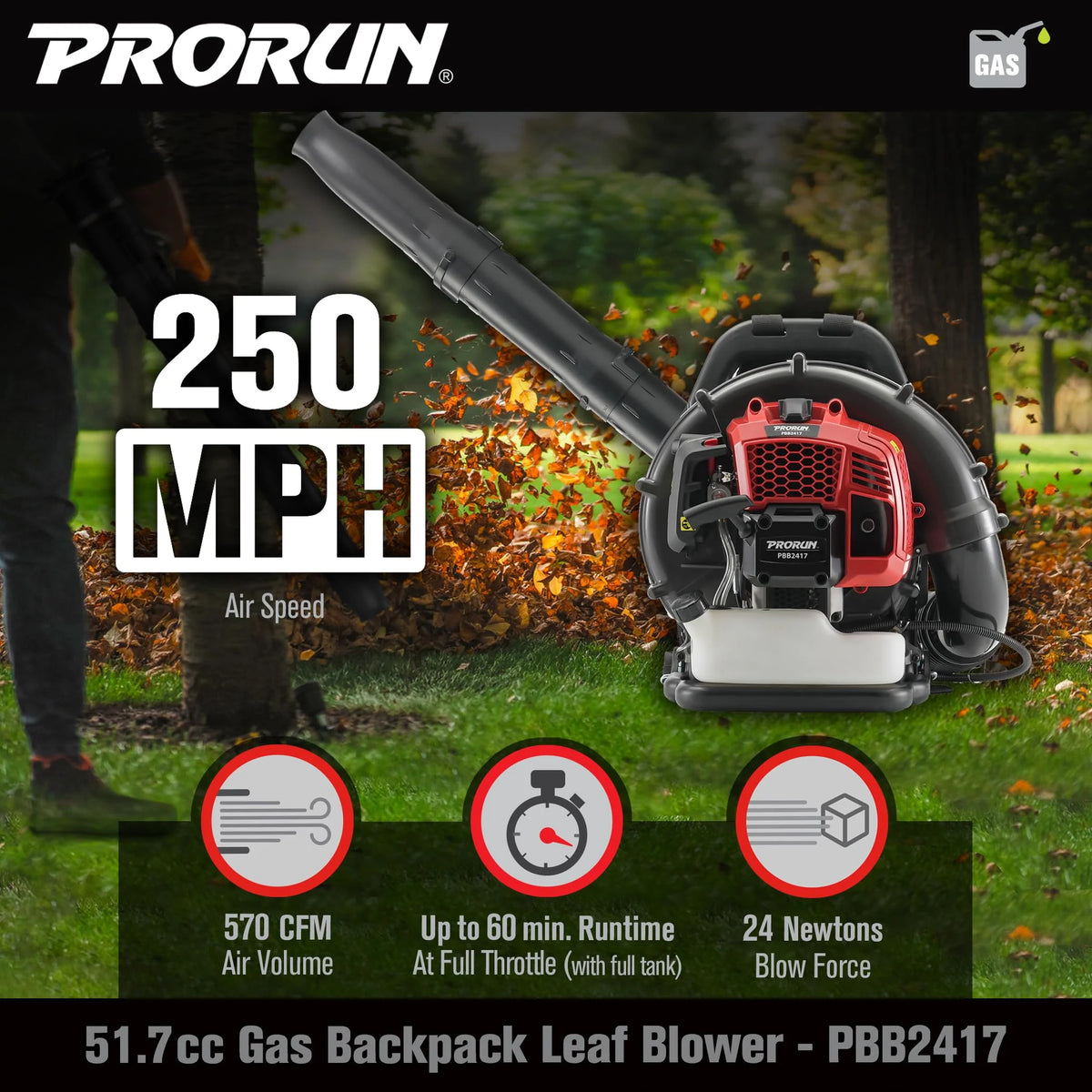 PRORUN 51.7cc 570 CFM 250 MPH Gas-Powered 2-Cycle Backpack Leaf Blower