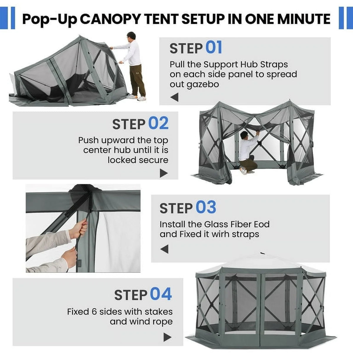 SANOPY 12'x12' Gazebo Outdoor Pop up Gazebo Screen Tent with 6 Sides Mosquito Netting Camping Gazebo Instant Shelter Glamping Tent with Carry bag, Ground Spike, Gray