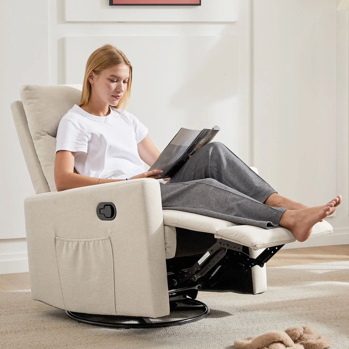 Recliner Message Chair with Footrest, Swivel Rocking Glider, High Back Upholstered Deep Seat for Living Room, Grey