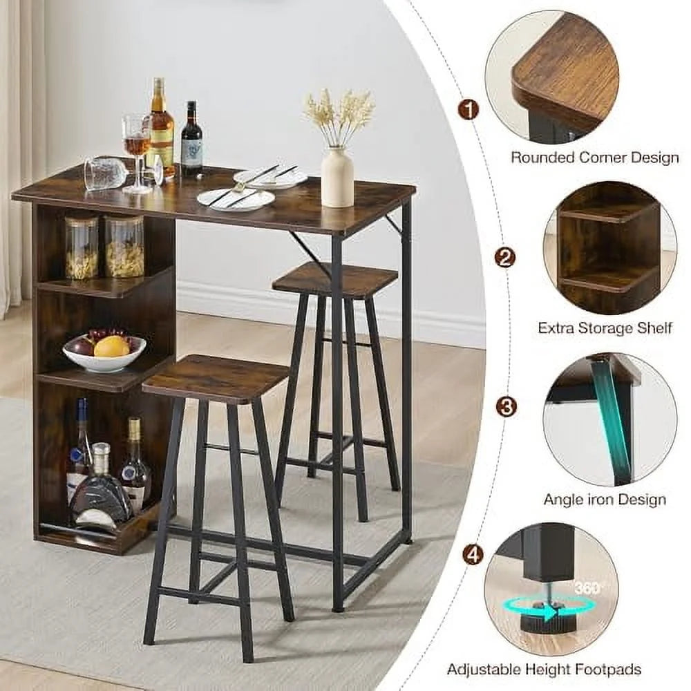 Dining Table Set, Bar Table and Chairs Set, 3-Piece Bar Table Set with Storage Drawer & Shelf, Steel Frame, Industrial, Rustic Brown, Space Saving Table for Small Apartment