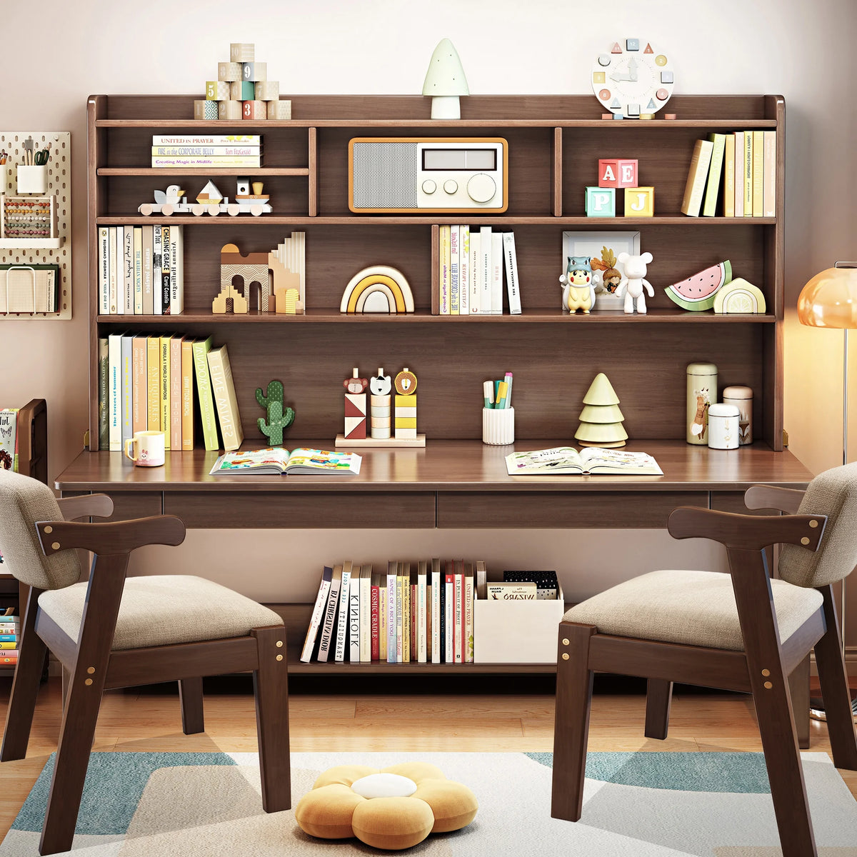 BALANBO Solid Wood Kids Desk and Chair Set with Hutch,Study Computer Desk with Drawers, Extra Large Two Person Study Desk Writing Table, Student White Desk with Bookshelf for Bedroom,Study Room,White