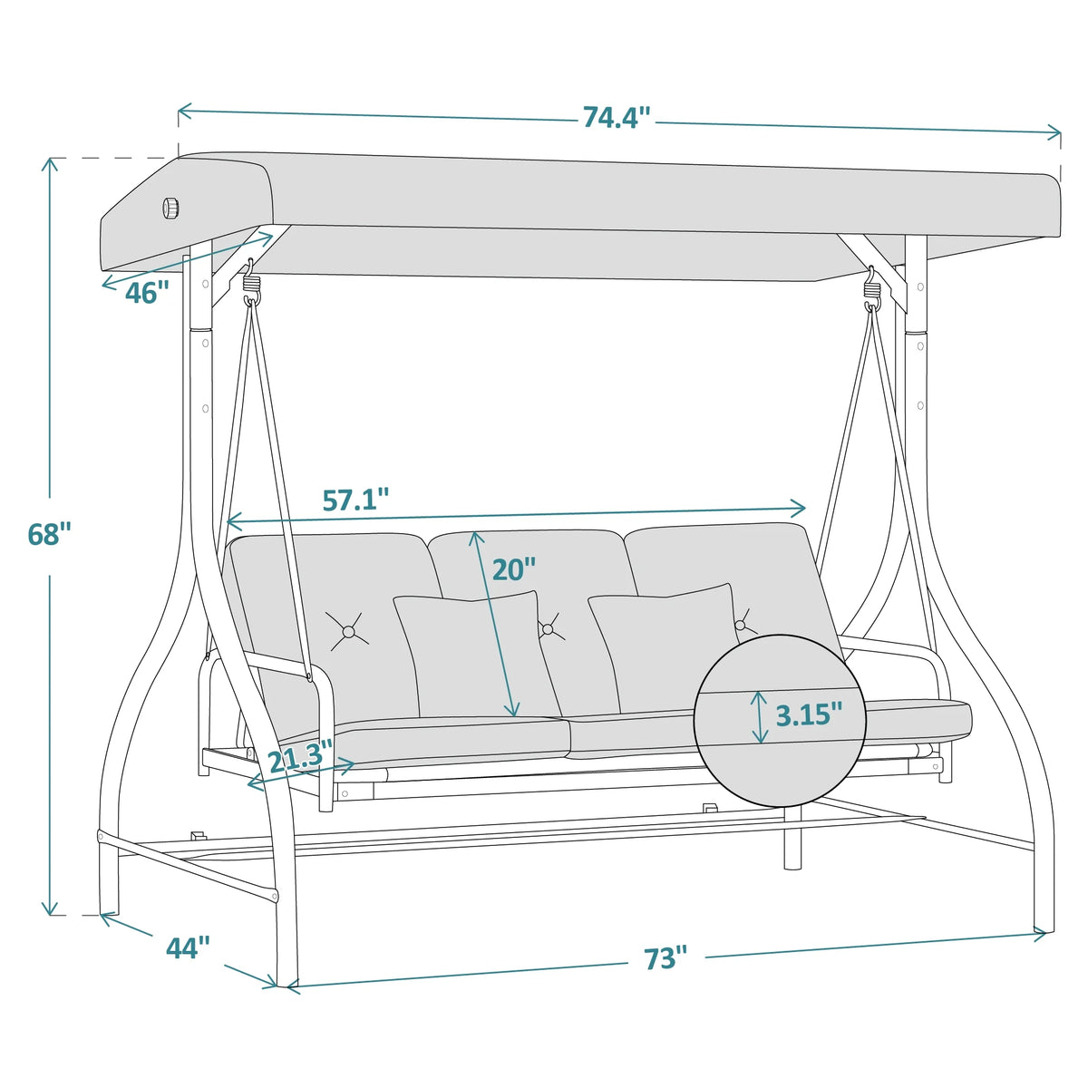 MCombo 3-Seat Outdoor Patio Swing Chair Cushioned with Adjustable Backrest and Canopy, Pillow, Brown