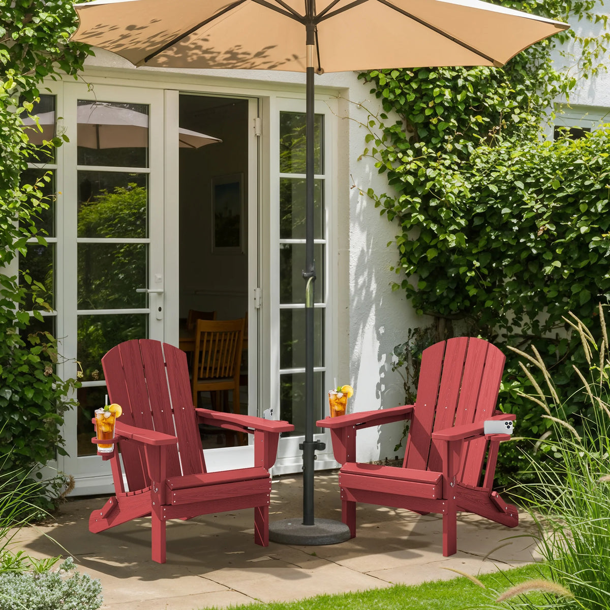 SERWALL Folding Adirondack Chair Set with Dual Cup Holders & Phone Holder, All-Weather HDPE Fire Pit Chairs for Outdoor, Patio, Poolside, Garden - Black
