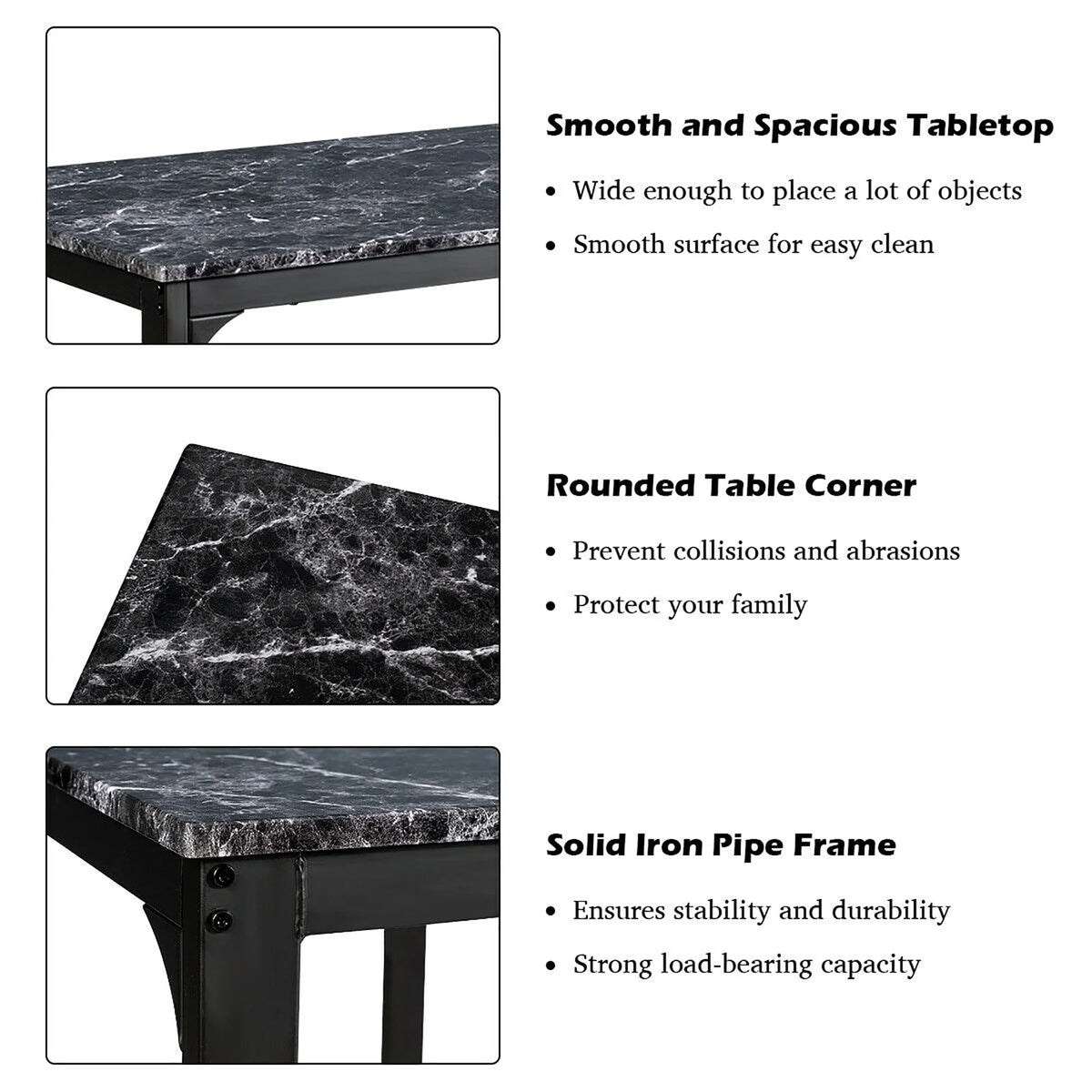 Costway 3 Piece Counter Height Dining Set Faux Marble Table 2 Chairs Kitchen Bar Black