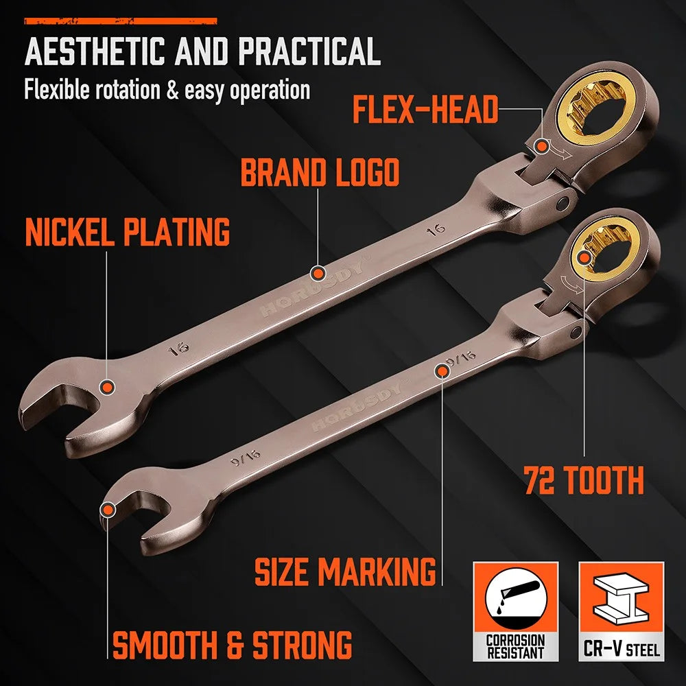 24PC Flex-Head Ratcheting Wrench Set Metric & SAE w/ Organizer 8-19mm 1/4"-7/8"