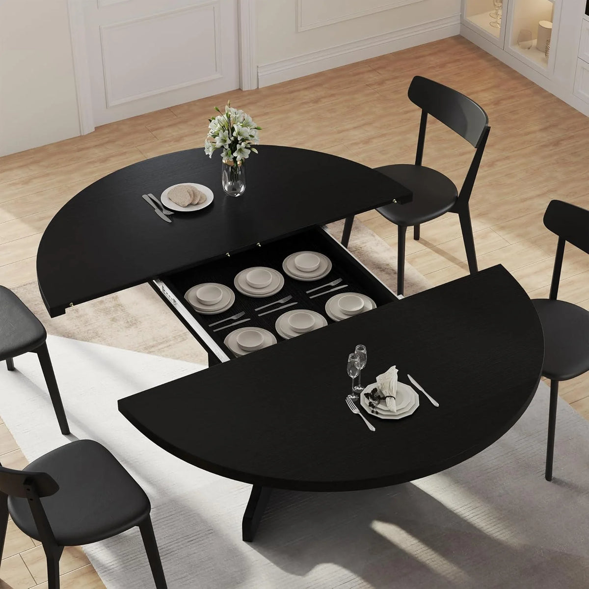 iPormis 59" Extendable Round Dining Table for 6, Modern Kitchen Table with Sturdy Wooden Base, Dining Room Table with Thickened MDF Board, Perfect for Small Space, Black