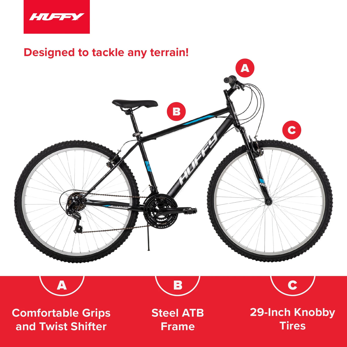 Huffy 29" Rock Creek Mountain Bike, Fits Riders 5'0"+, Matte Black, Adult, Men's