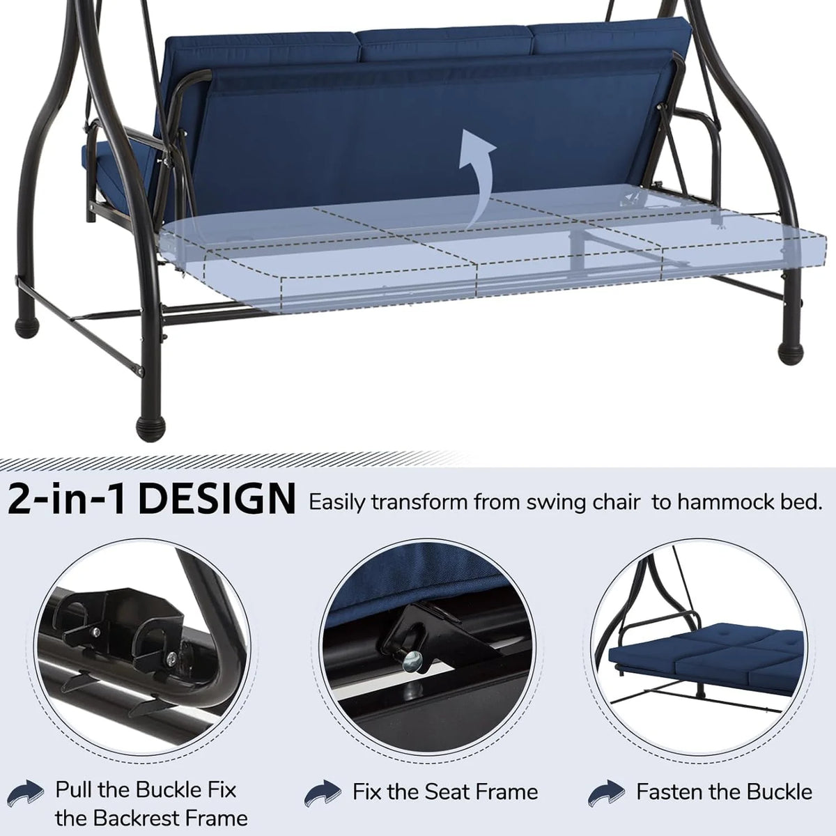 AECOJOY 3 Person Canopy Steel Porch Swing, Converting Swing Glider Hammock-Beige
