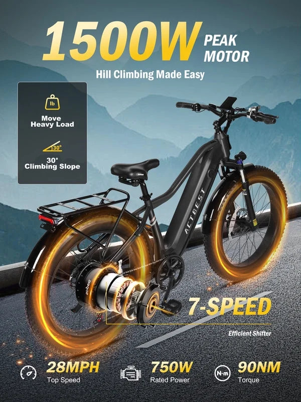 Actbest Electric Bike for Adults with Peak over 750W Brushless Motor, Over 20MPH Electric Mountain Bike, Removable Built-in Battery,26"×4 Fat Tires Ebikes for Adults,UL2849 (Gray)