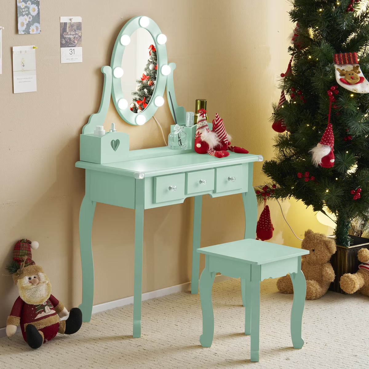Zimtown Kids' Vanity Set with 3-Color LED Lighted Mirror Makeup Table with Matching Stool, Purple
