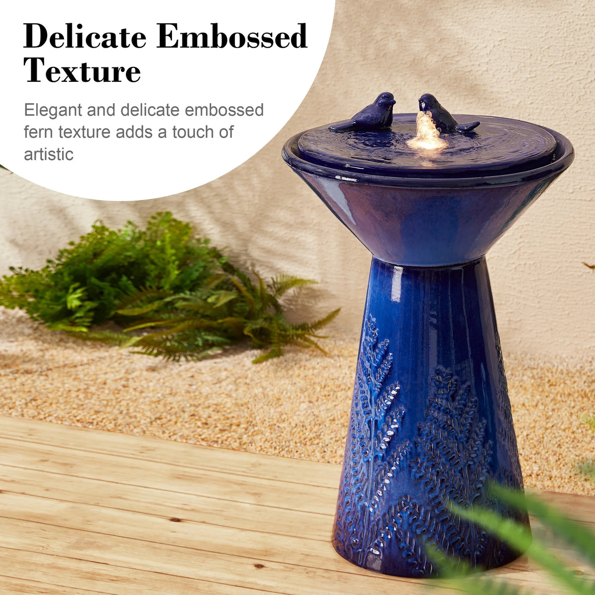 Glitzhome 27.5" Fountain with Pump and LED Light Embossed Pedestal Ceramic Bird Bath, Turquoise