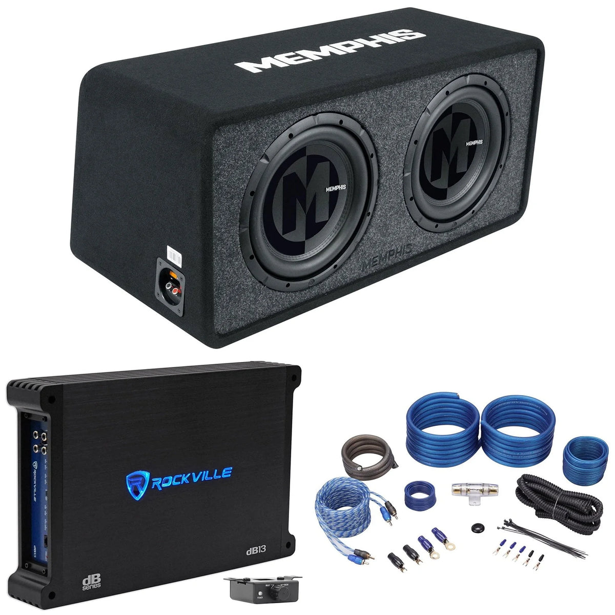 Memphis Audio PRXE12D2 1200w Dual 12" Subwoofers+Enclosure Box+Amplifier+Amp Kit