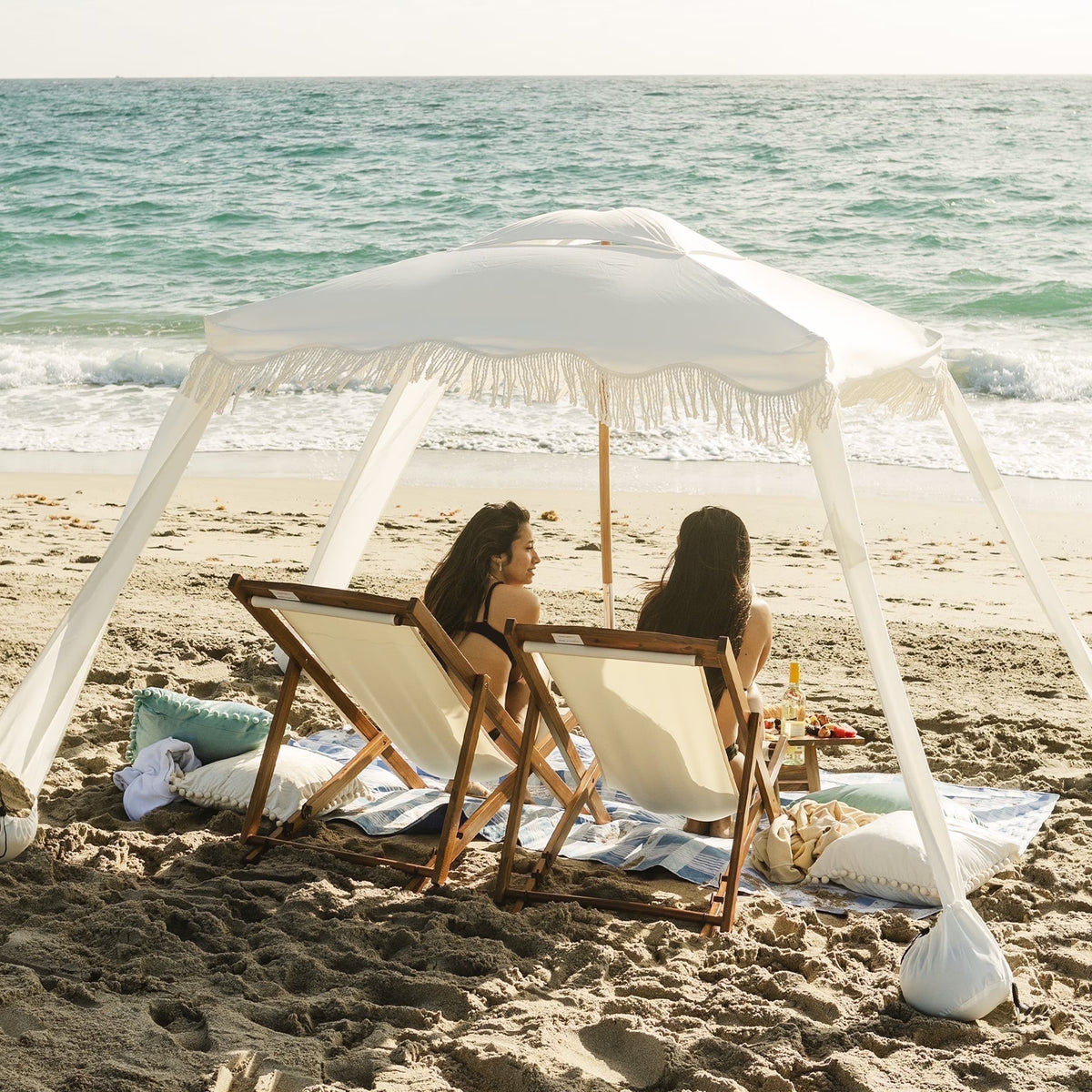 AMMSUN 6'×6' Boho Beach Cabana Tent Canopy with Tassels Fringe UPF50+ Outdoor for Beach Patio,White