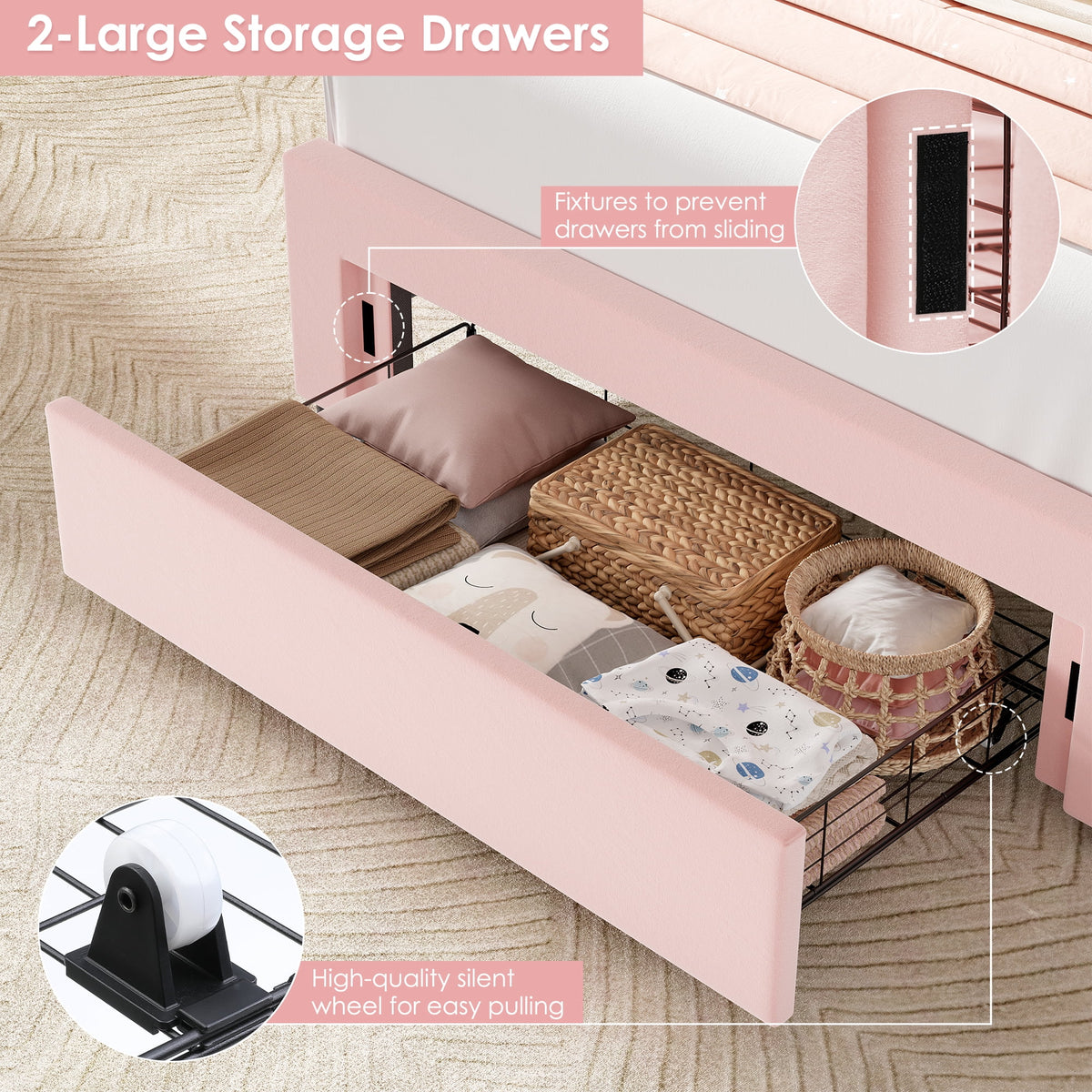 Homfa Twin Size LED Bed Frame with Drawer, Velvet Crystal Button Upholstered Platform Bed Frame with Outlets and USB Ports & Display Platform, No Box Spring Needed, Pink