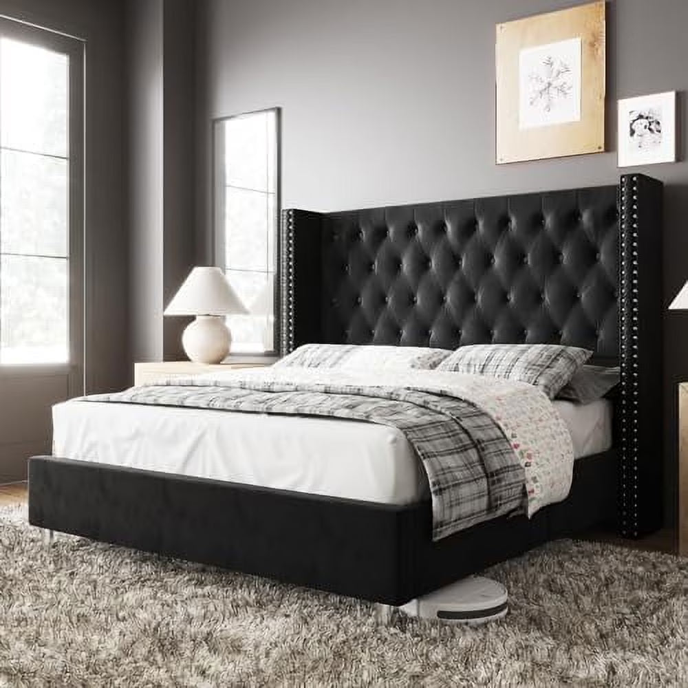 VanAcc Queen Bed Frame Upholstered Bed Wingback Headboard Velvet Tufted Diamond Button/No Box Spring Needed/Easy Assembly/Gray