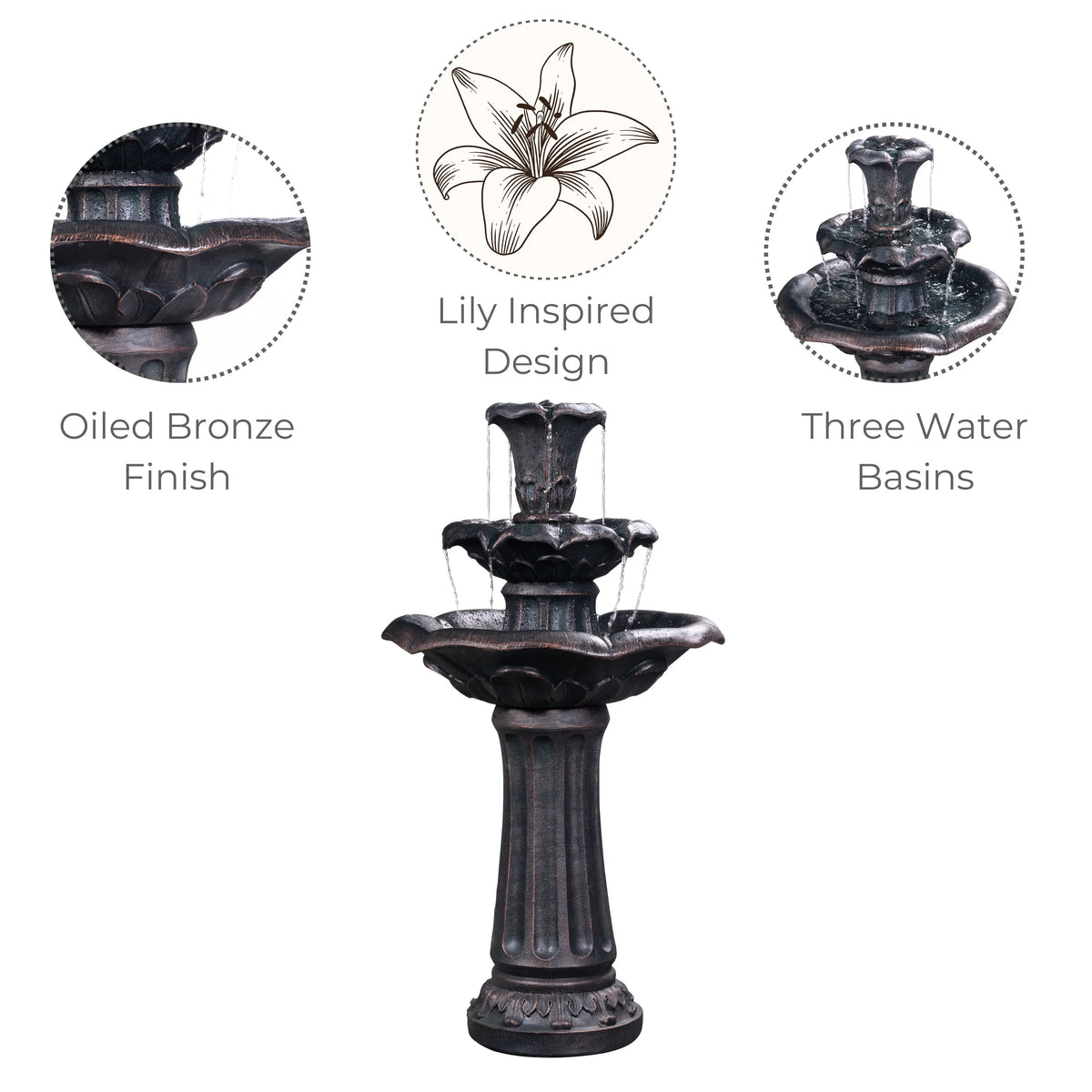 Teamson Home 37.8" 3-Tier Lily Birdbath Water Fountain
