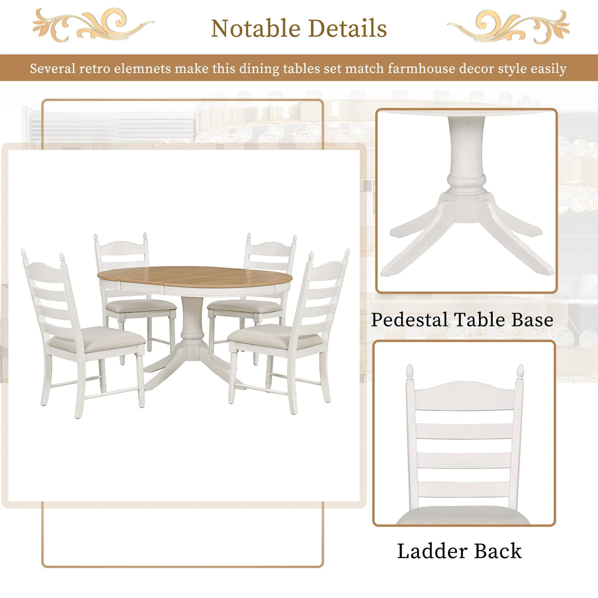 5 Piece Round Dining Table Set, Dining Room Set with Extendable Table and 4 Upholstered Chairs, Wood Dining Table Set for 4, Farmhouse Dining Table Set for Kitchen Dining Room Dorm Apartment, Brown