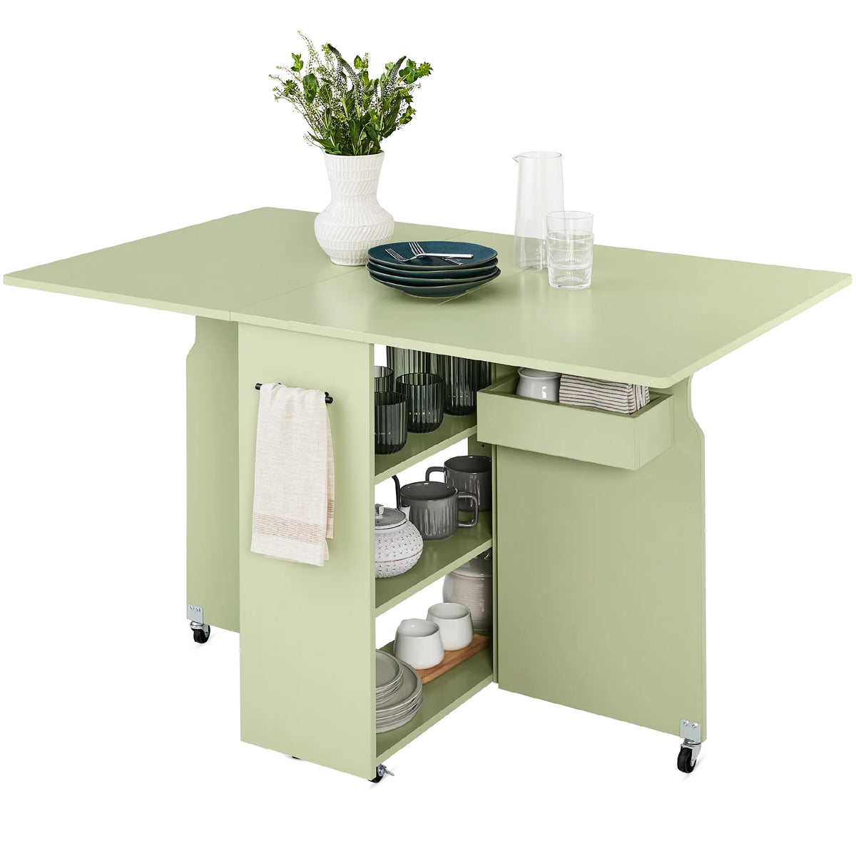 Best Choice Products Multipurpose Folding Table w/ Wheels, 3 Storage Shelves, Cubby, Handle - Brown