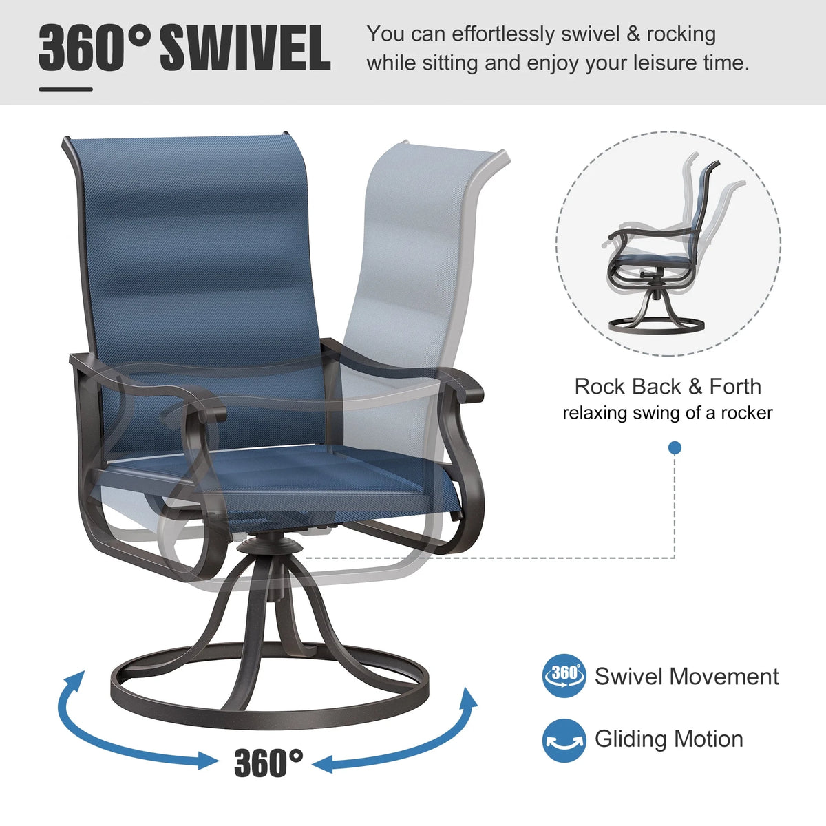 Techmilly Patio Swivel Chairs Set of 2, Outdoor Dining Chairs High Back Padded All Weather Breathable Textilene Outdoor Swivel Chairs with Metal Rocking Frame for Lawn Garden Backyard Deck, Dark Grey