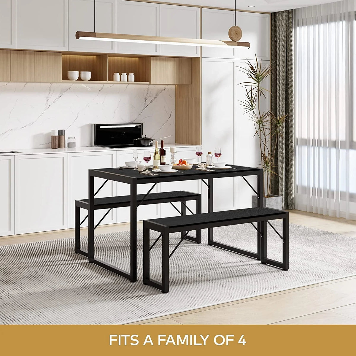 Dining Table Set for 4 People with 2 Benches, Dinette Set, 550lbs, Black
