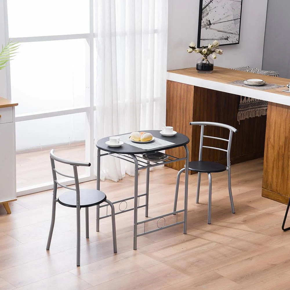 Zimtown 3 Piece Dining Set Compact 2 Chairs and Table Set with Metal Frame and Shelf Storage Bistro Pub Breakfast Space Saving for Apartment and Kitchen