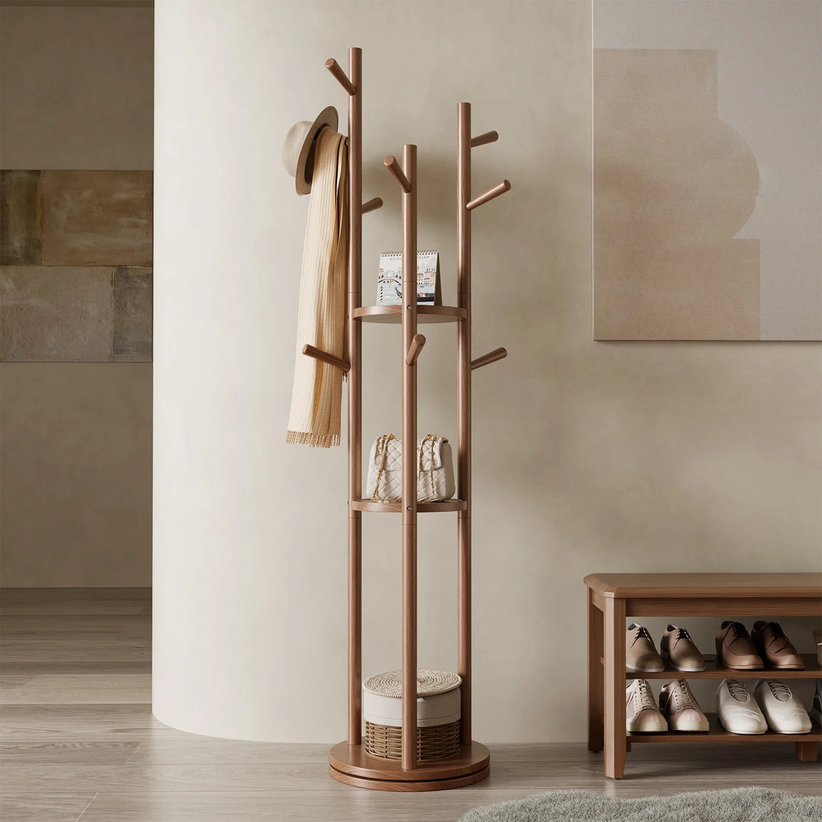 KASLANDI Solid Wood Rotary Coat Rack with 3 Shelves & 9 Hooks, Freestanding Hall Tree Stand, Coat Tree for Entryway, Living Room, Walnut, Easy Assembly