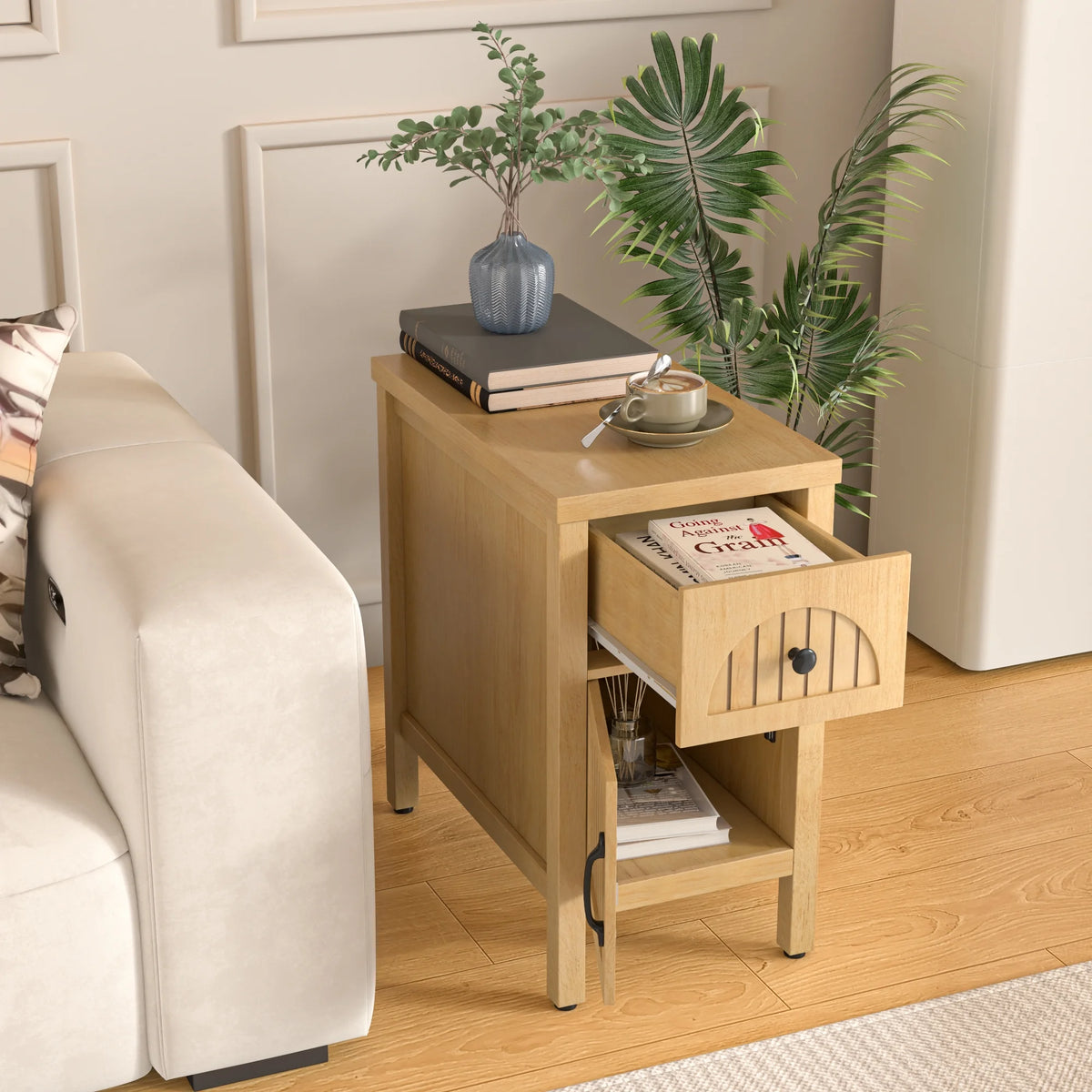 Narrow Nightstand with Drawers, Wood End Table, Narrow Side Table, Modern Sofa Side Table
