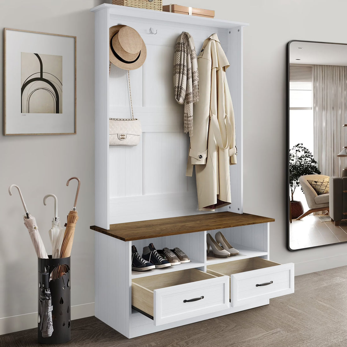 Castle Place Contemporary Hall Tree with Storage Cabinet, White