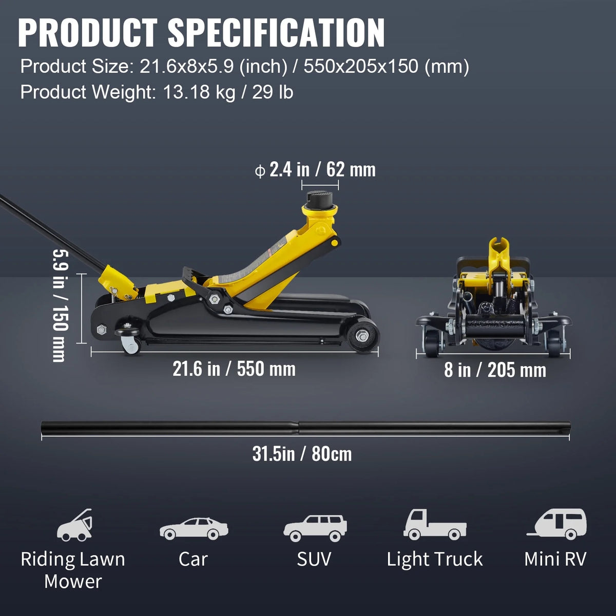 KFFKFF Low Profile Floor Jack,2.5 Ton(5500 lbs) Slim Profile, Durable Steel Racing Lift with Single Piston Pump, Range 3.35"-14.96"��Black+Yellow