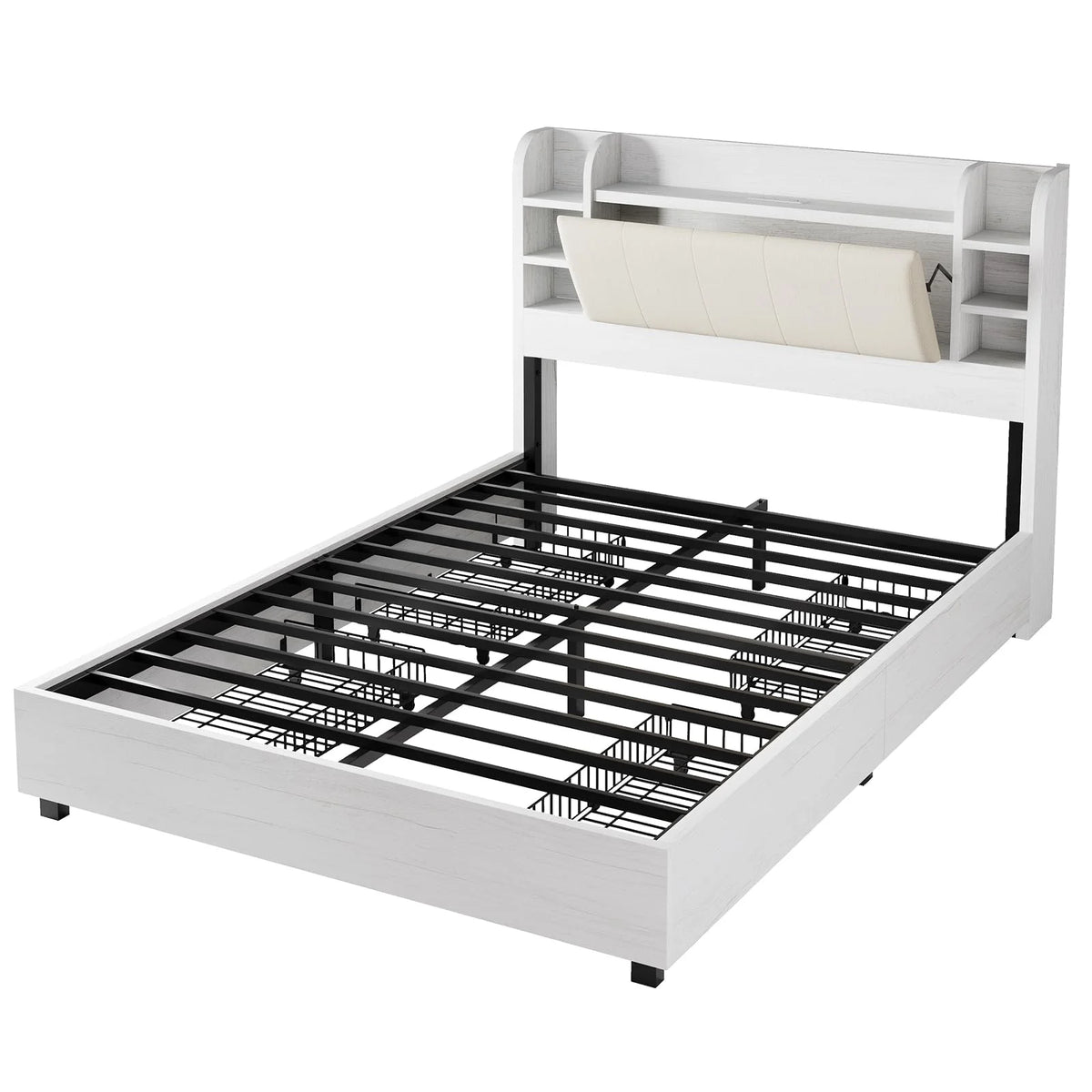 PLAUIN King Size Bed Frame with Storage Drawers, 47.2" Headboard and Wooden Platform, Grey