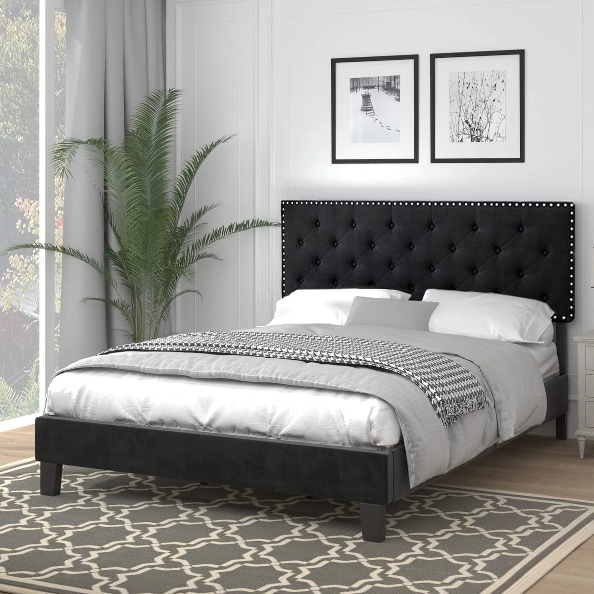 Catrimown Full Bed Frame, Upholstered Platform Bed Frame with Adjustable Button Tufted Nailhead  Headboard, Black