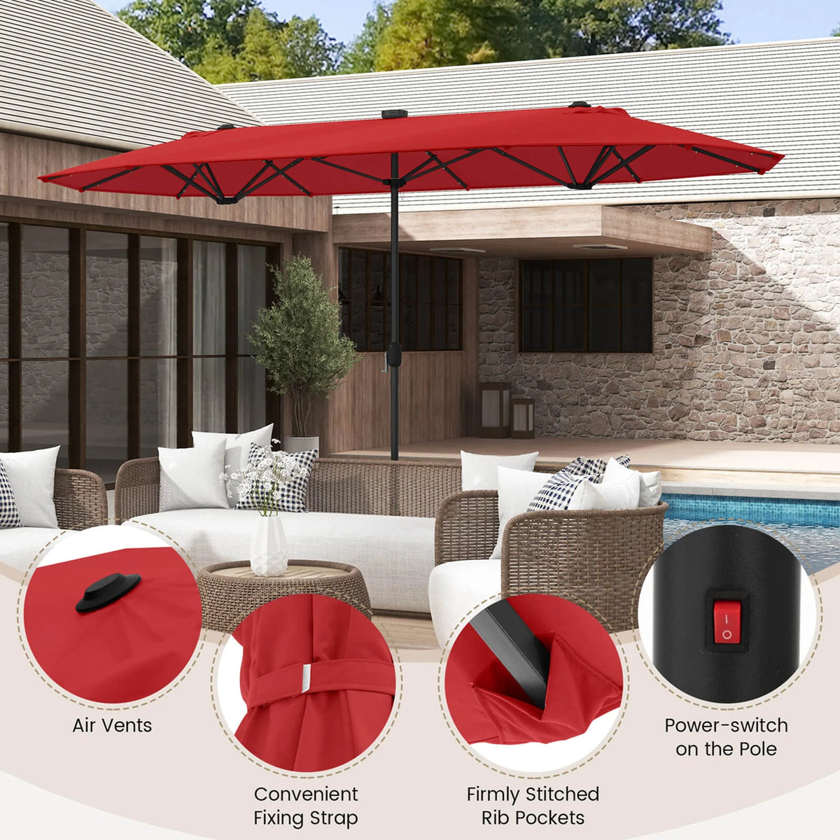 Costway 13ft Beige Rectangle Double-sided Patio Umbrella, Crank Lift