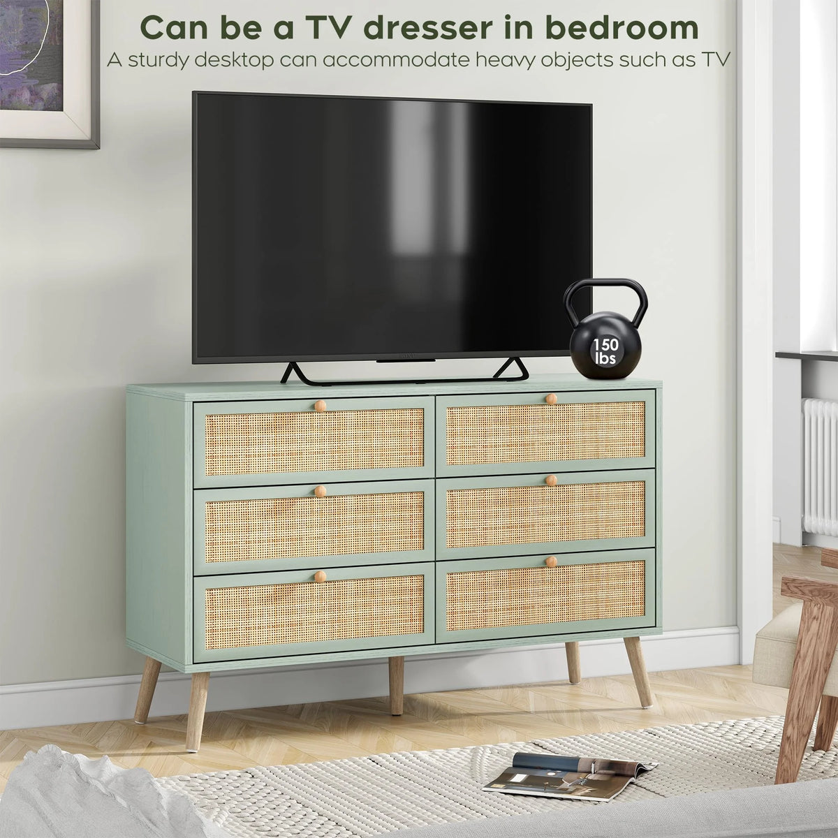 Brafabhome Rattan 6 Drawers Dresser for Bedroom, Vintage Boho Double Dresser Wicker Chest with Wooden Legs for Living Room Hallway| Mint
