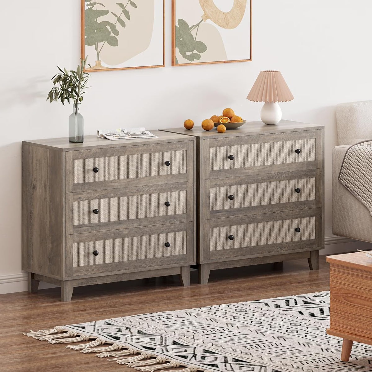 FANRAL 3 Drawer Dresser for Bedroom,Boho Small Natural Rattan Closet Dressers Chest of Drawers,Modern Wood Clothes Storage Organizer with Wooden Feet and Handles for Hallway,Living Room,Entryway