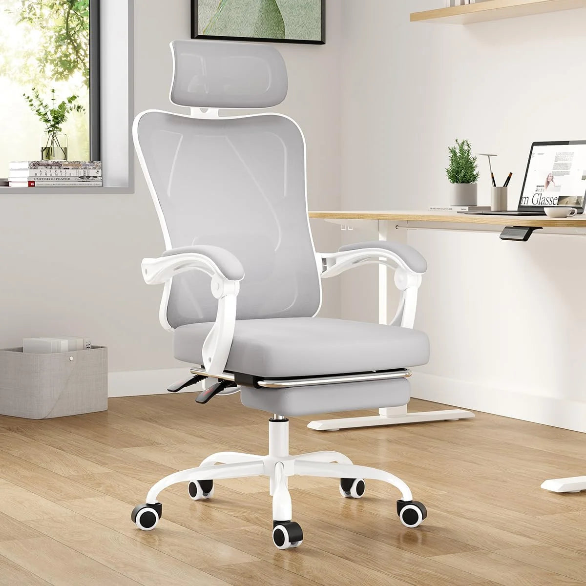 STARY Ergonomic Office Chair with Footrest, High Back Mesh Desk Chair with Adjustable Headrest & Lumbar Support, Comfortable Computer Chair for Home Office Study, White & Beige
