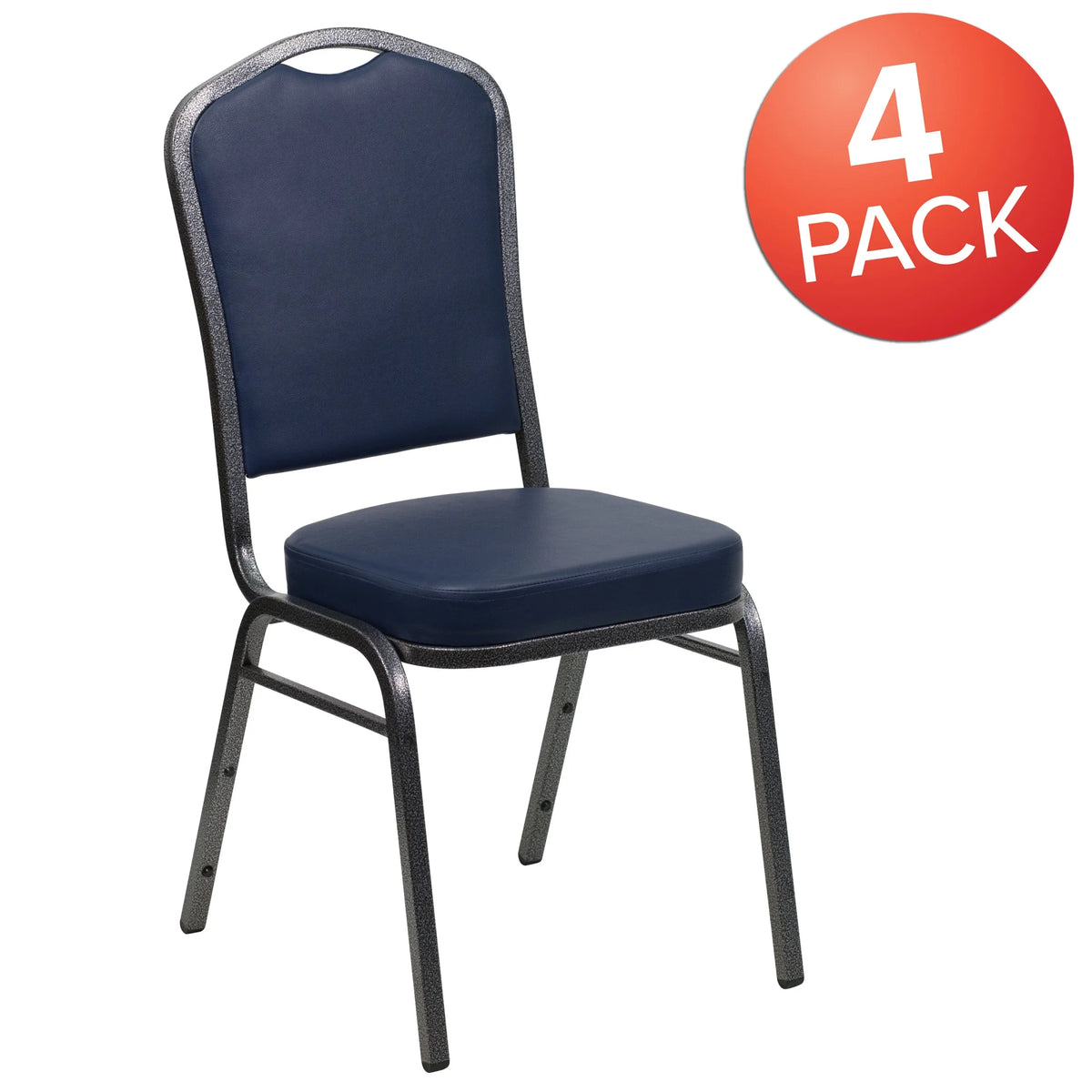 Emma + Oliver 4 Pack Crown Back Stacking Banquet Chair in Navy Vinyl - Silver Vein Frame