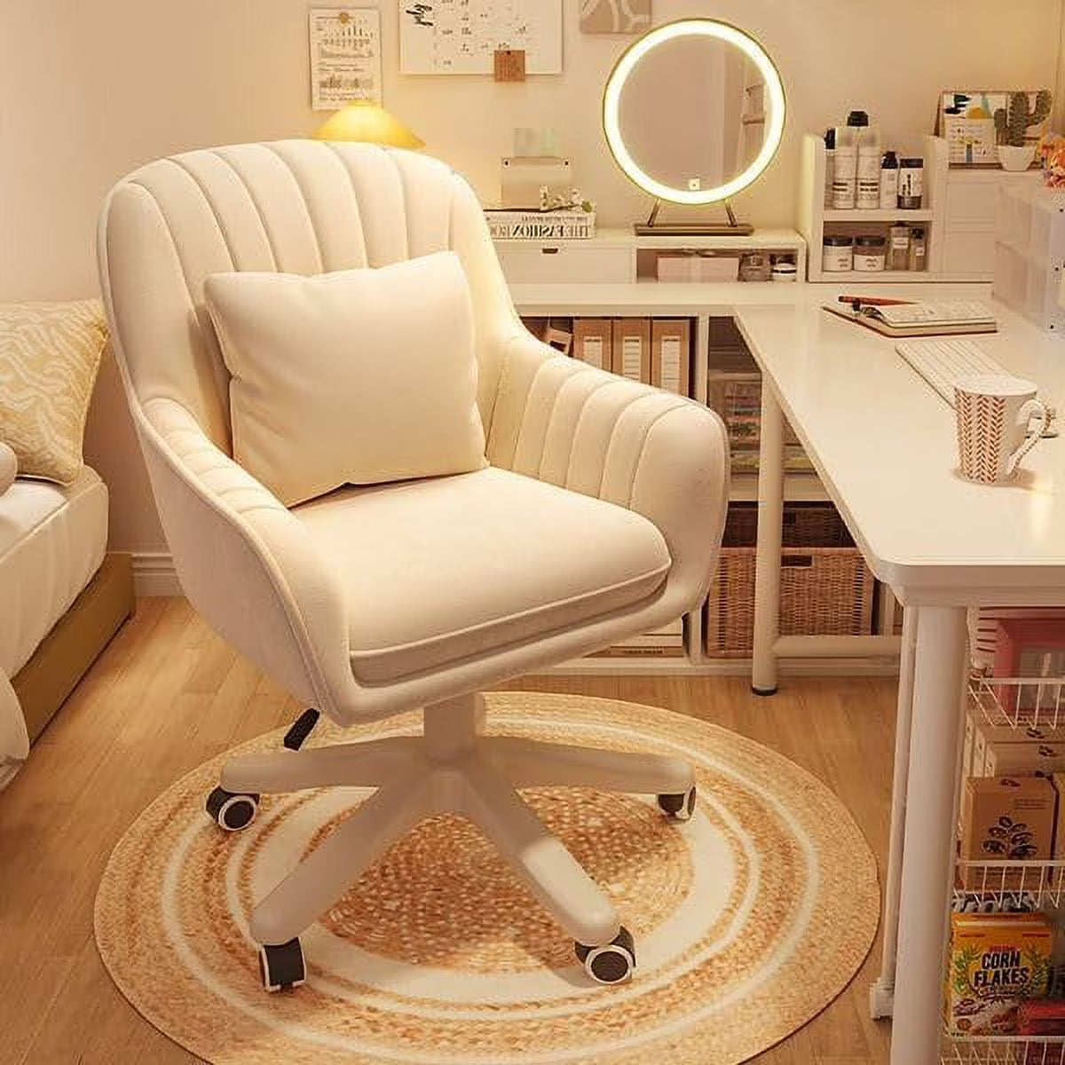 Home Office Chair Computer Chair with Mid-Back Upholstered Modern Tufted Computer Task Chair Swivel Height Adjustable Velvet Accent Chair.��White��