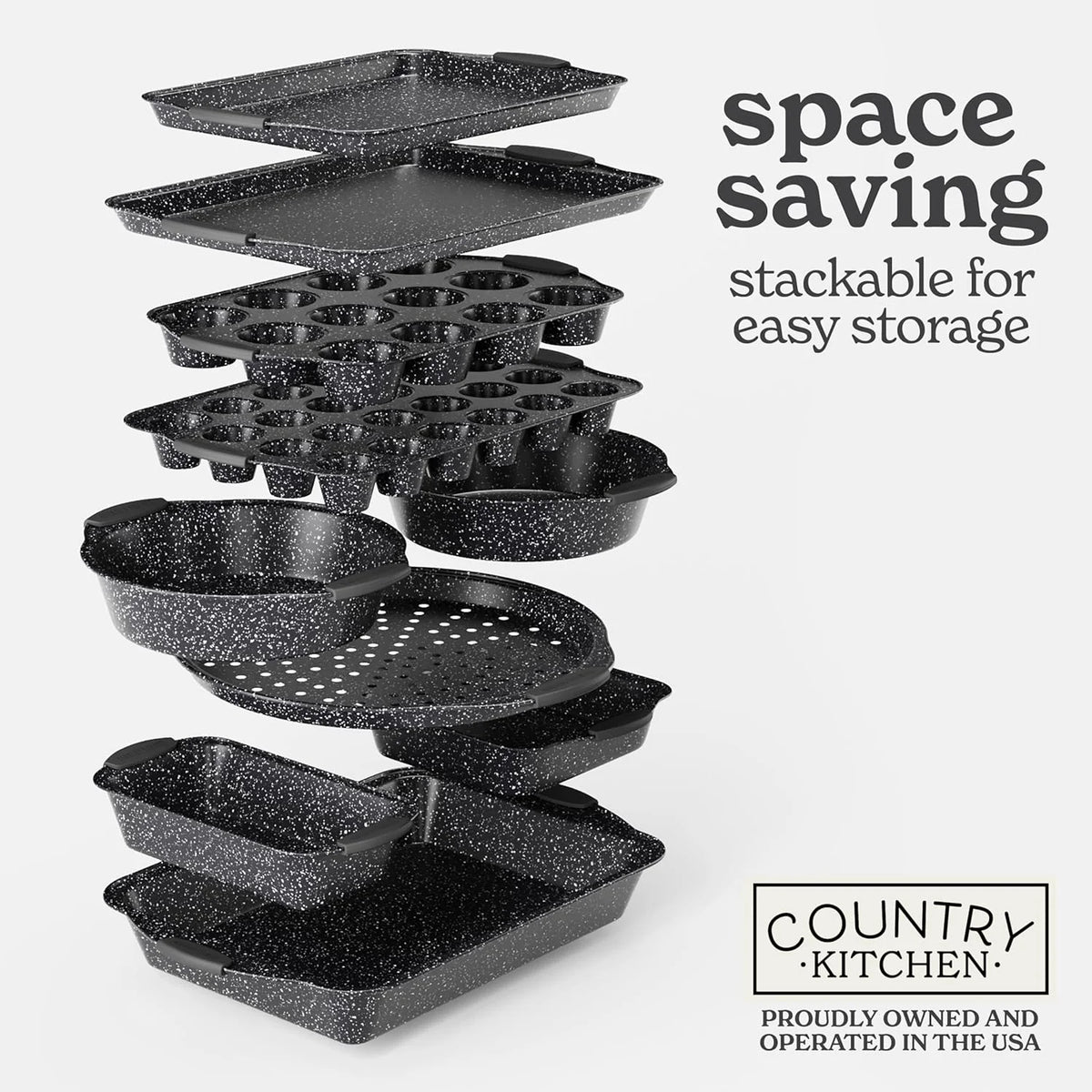 Country Kitchen 10-Piece Nonstick Bakeware Set - Stackable Pots and Pans, Black