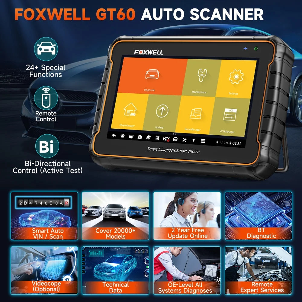 Foxwell GT60 Wireless Bluetooth Automotive Bi-directional Diagnostic Scanner Full System OBD2 Scanner Code Reader, Vehicle Analyzer with Bag