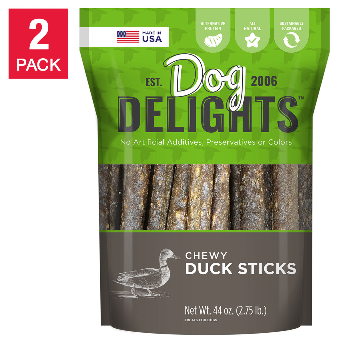 Dog Delights Chewy Duck Sticks 44oz, 2-pack