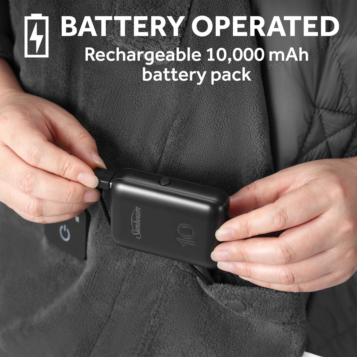 Sunbeam On-the-Go Cordless Heated Throw Blanket with Hood Black Nylon/Microplush 50x66