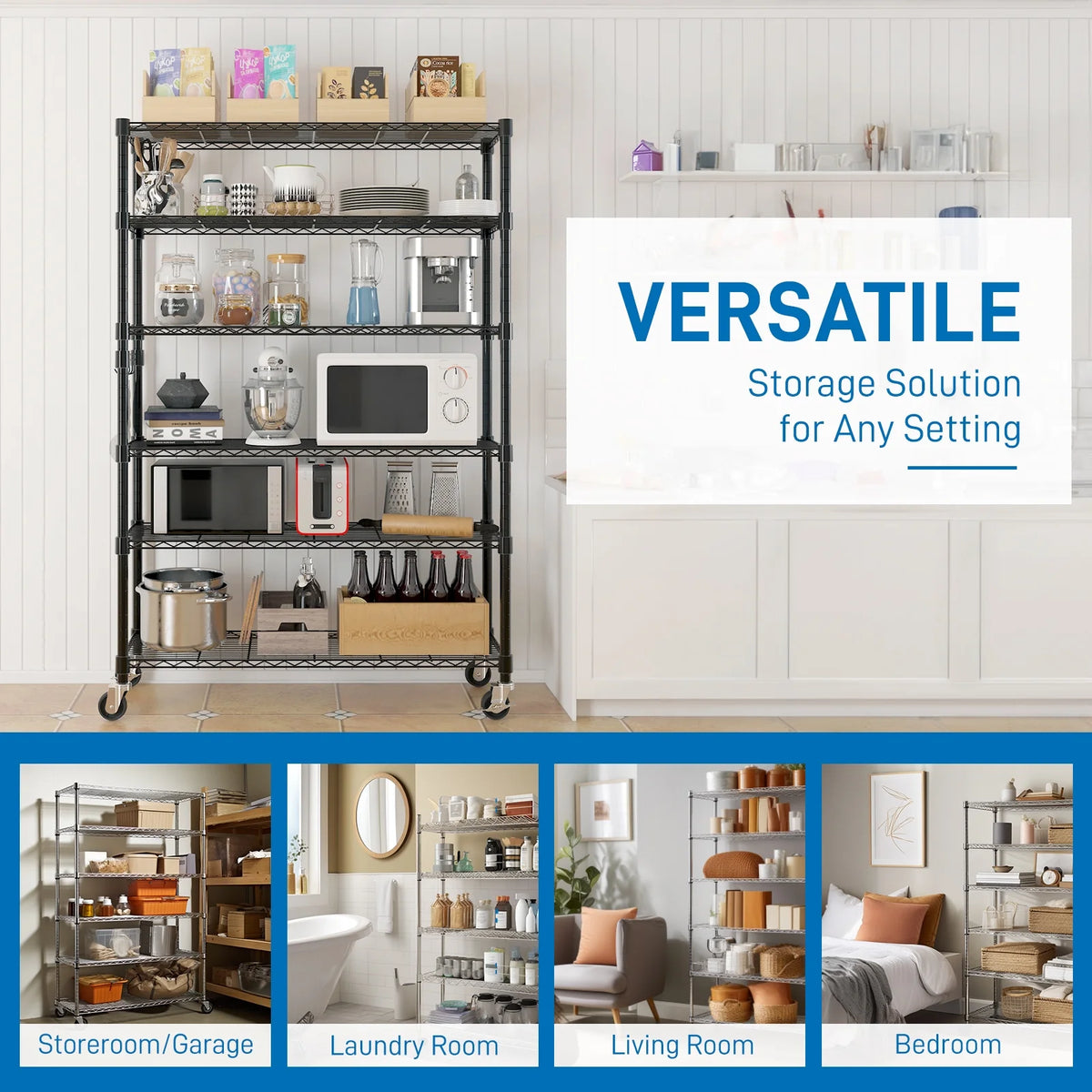 Ktaxon 6 Tier Wire Shelving with Wheels, 46"D x 18"W x 82"H Multifunctional Storage Rack Metal Garage Shelves Organizer, Capacity for 900lbs, Silver